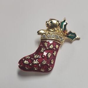 Christmas Stocking Gold Tone Brooch Bear Holly Xmas Red Green Rhinestone